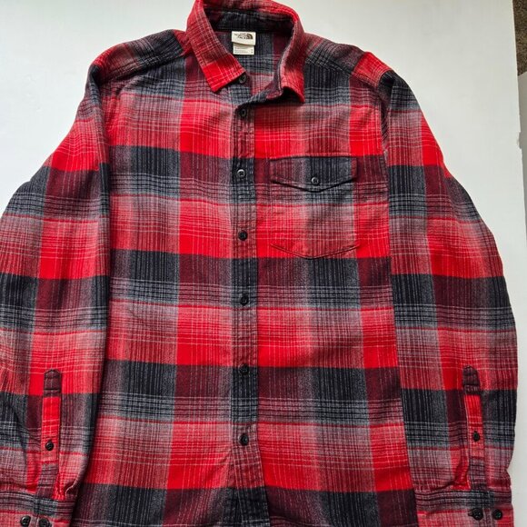 The North Face Men's Flannel Red Black Gray Medium Outdoor Hiking Fishing - Picture 8 of 11